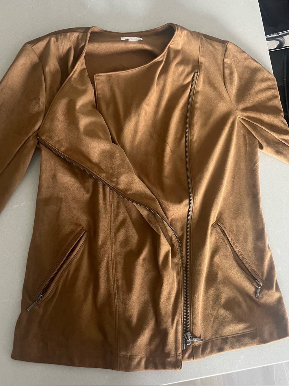 J. Jill Tan Brown Asymmetrical Zip Leather Jacket